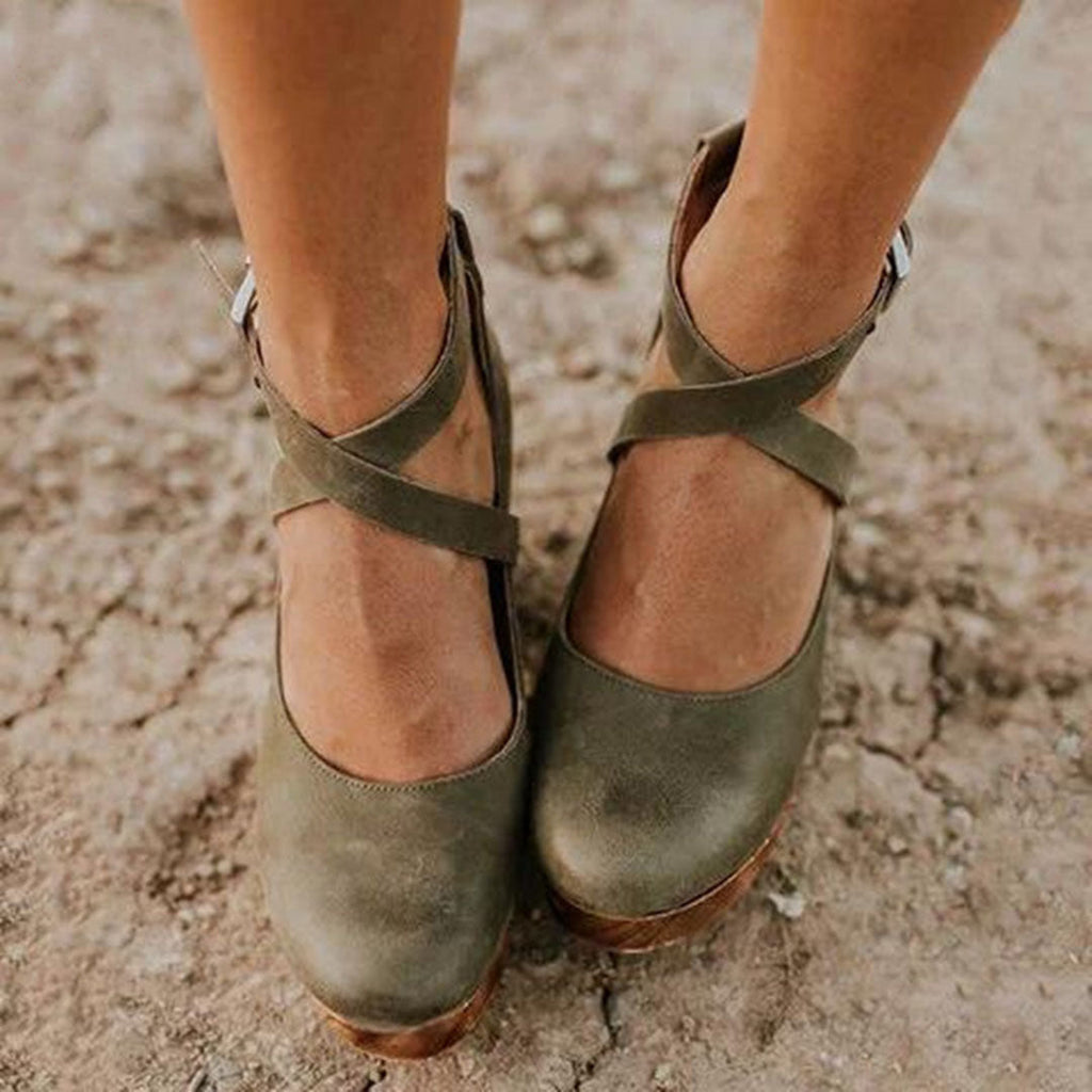 Women's Vintage Cross Strap Mary Jane Platform Heels