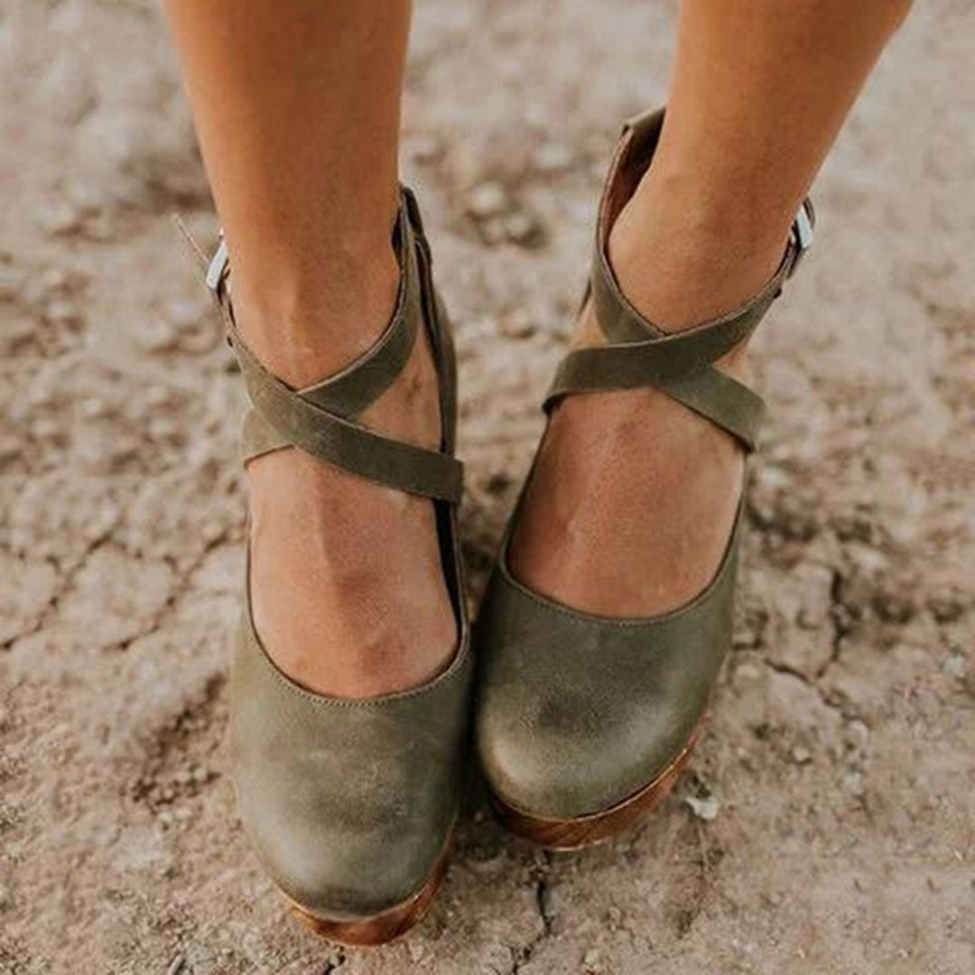 Women's Vintage Cross Strap Mary Jane Platform Heels